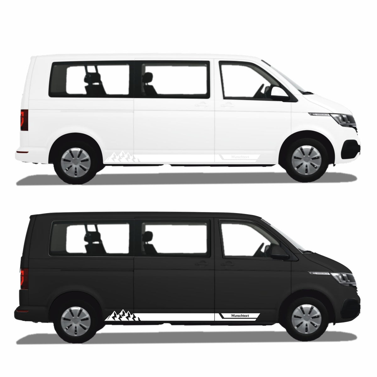 Seitenstreifen Aufkleber mit "Berge" Motiv passend für VW T6.1, T6, T5, Multivan, Bulli, Transporter - WUNSCHTEXT - FOTOFOL
