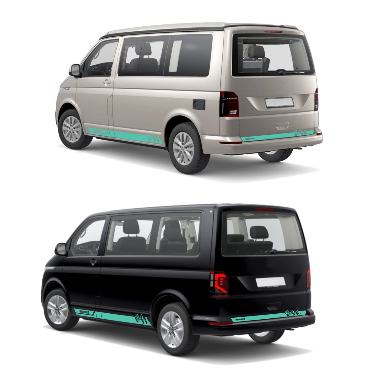 Seitenstreifen Aufkleber Berge-Palme-Surfbrett passend für VW T6.1, T6, T5, Multivan, Bulli, Transporter - mit WUNSCHTEXT - FOTOFOL