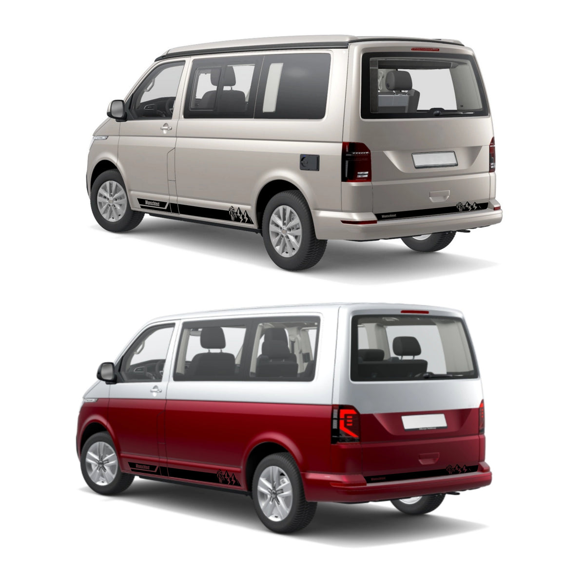 Seitenstreifen Aufkleber Berge-Palme-Surfbrett passend für VW T6.1, T6, T5, Multivan, Bulli, Transporter - mit WUNSCHTEXT - FOTOFOL
