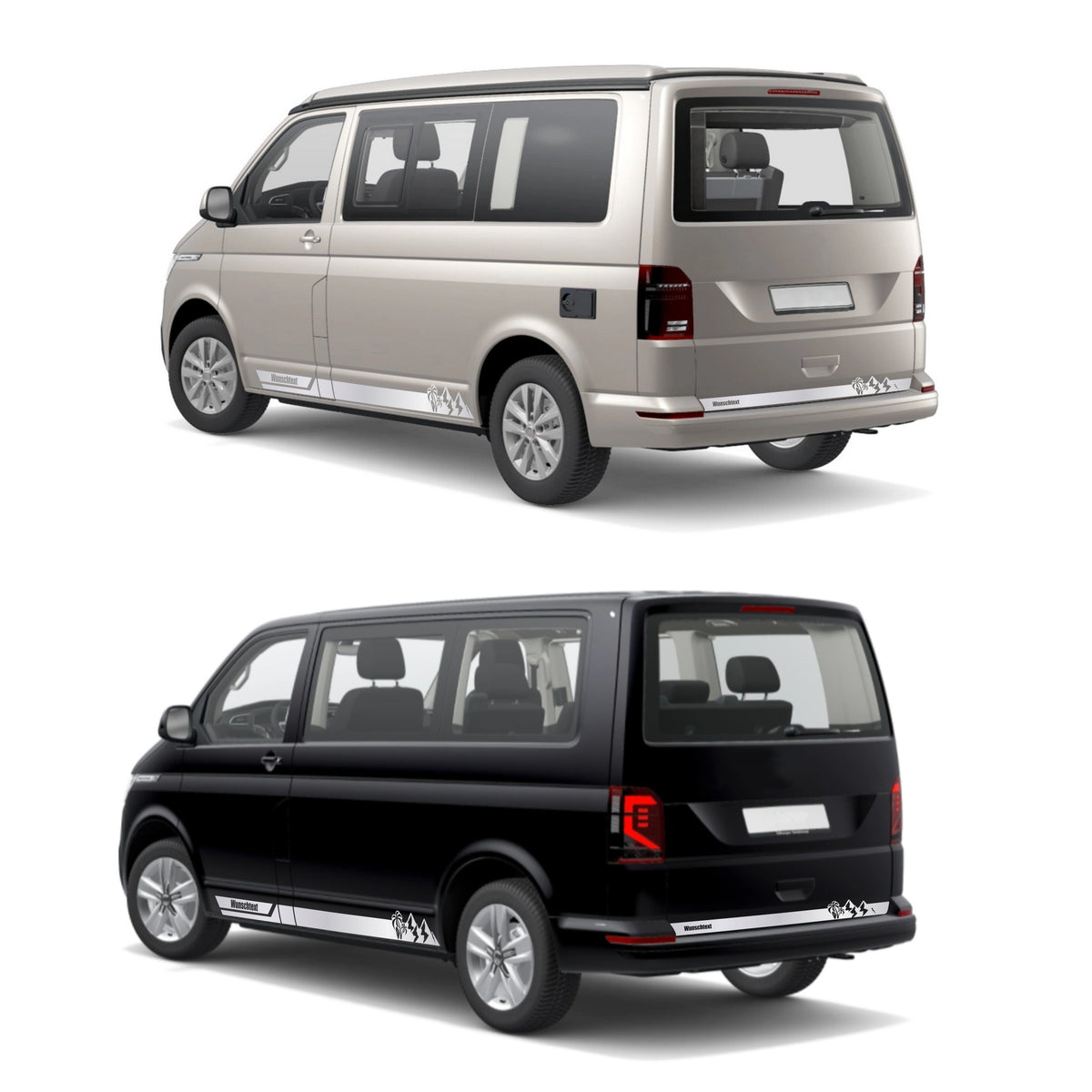 Seitenstreifen Aufkleber Berge-Palme-Surfbrett passend für VW T6.1, T6, T5, Multivan, Bulli, Transporter - mit WUNSCHTEXT - FOTOFOL