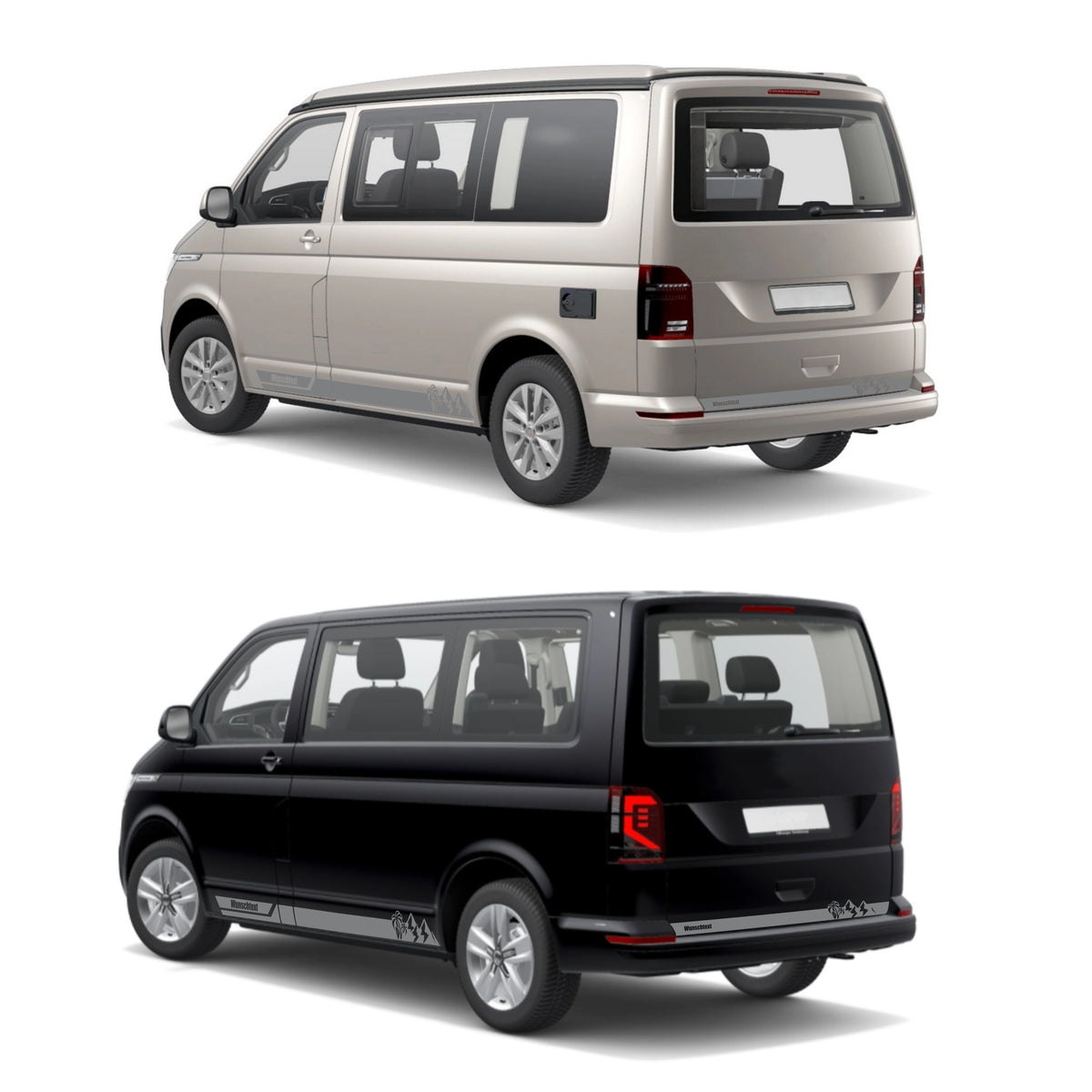 Seitenstreifen Aufkleber Berge-Palme-Surfbrett passend für VW T6.1, T6, T5, Multivan, Bulli, Transporter - mit WUNSCHTEXT - FOTOFOL