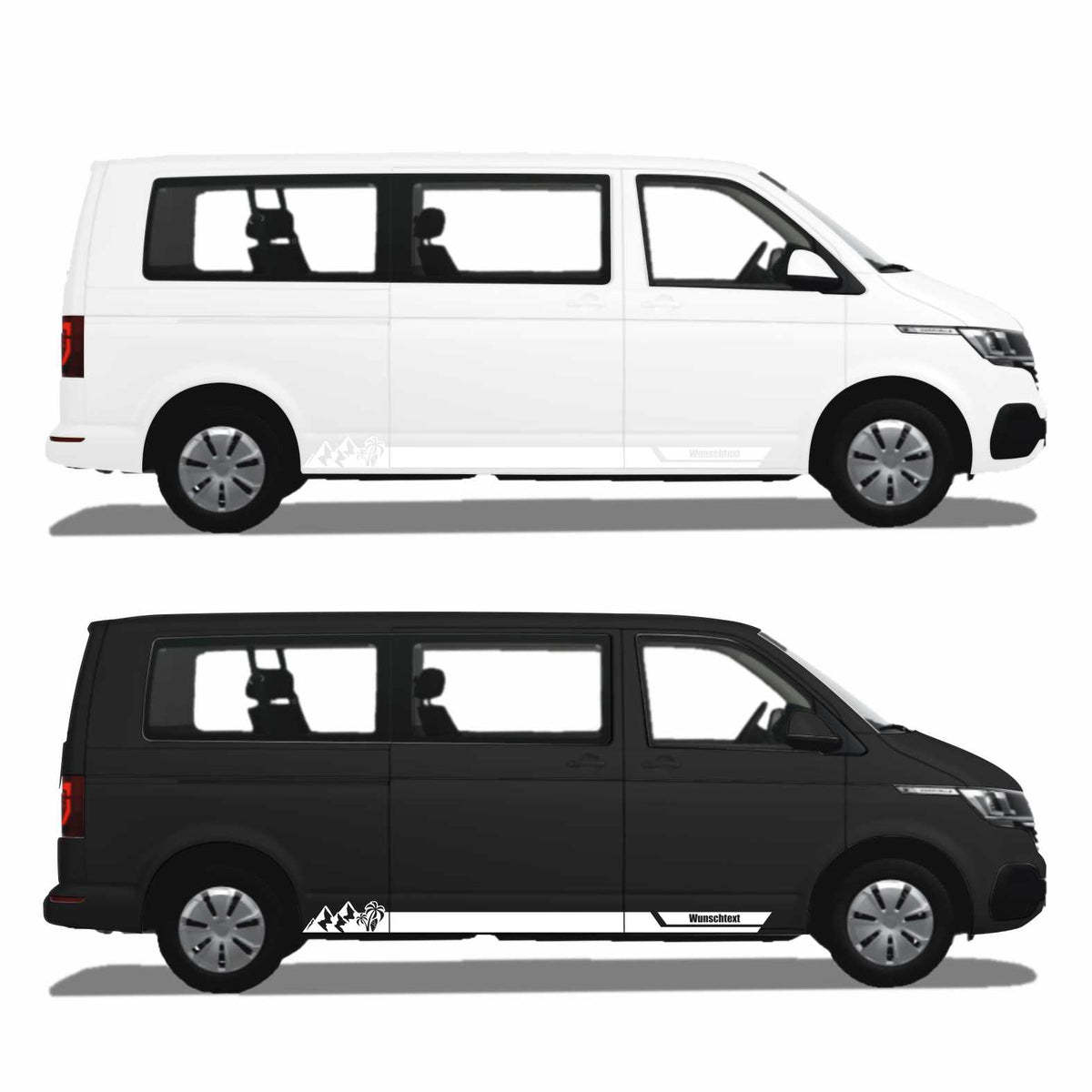 Seitenstreifen Aufkleber Berge-Palme-Surfbrett passend für VW T6.1, T6, T5, Multivan, Bulli, Transporter - mit WUNSCHTEXT - FOTOFOL