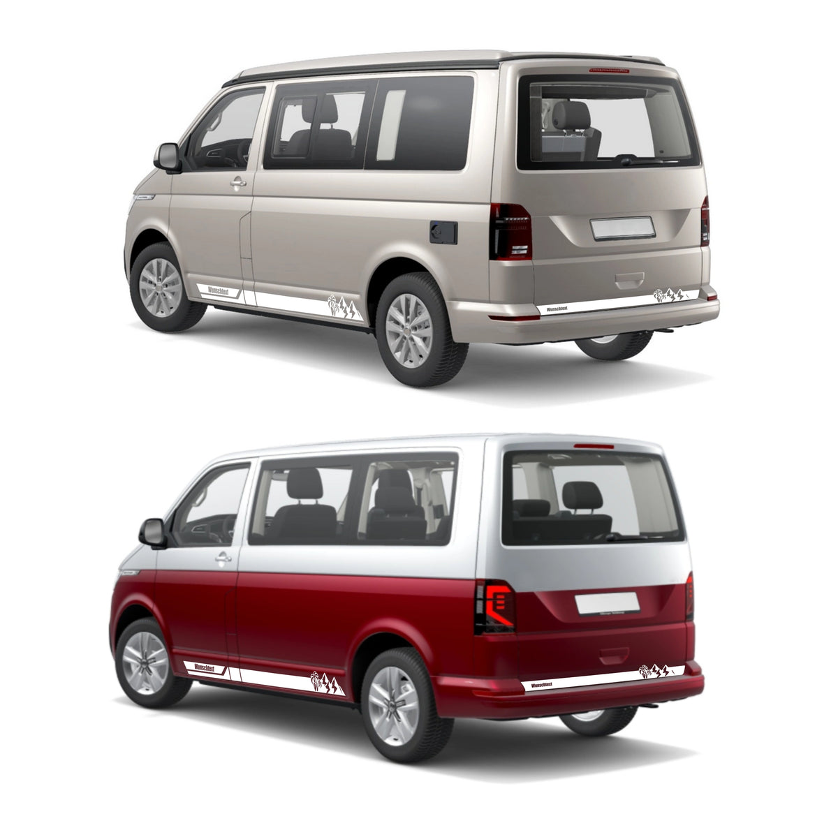 Seitenstreifen Aufkleber Berge-Palme-Surfbrett passend für VW T6.1, T6, T5, Multivan, Bulli, Transporter - mit WUNSCHTEXT - FOTOFOL