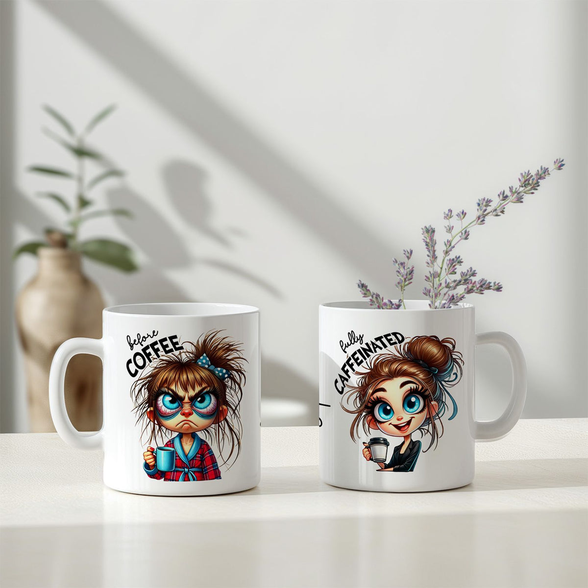 Personalisierte Kaffeetasse mit Wunschname - before Coffee -brünette Frau - FOTOFOL