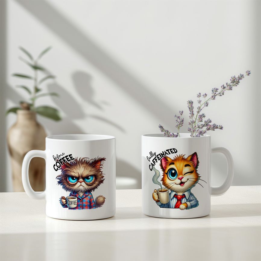 Personalisierte Kaffeetasse mit Wunschname - before Coffee -Katze - FOTOFOL