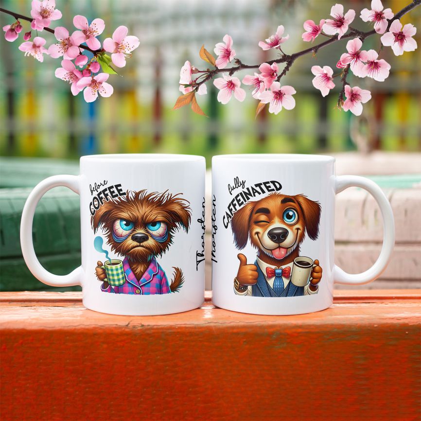 Personalisierte Kaffeetasse mit Wunschname - before Coffee - Hund - FOTOFOL