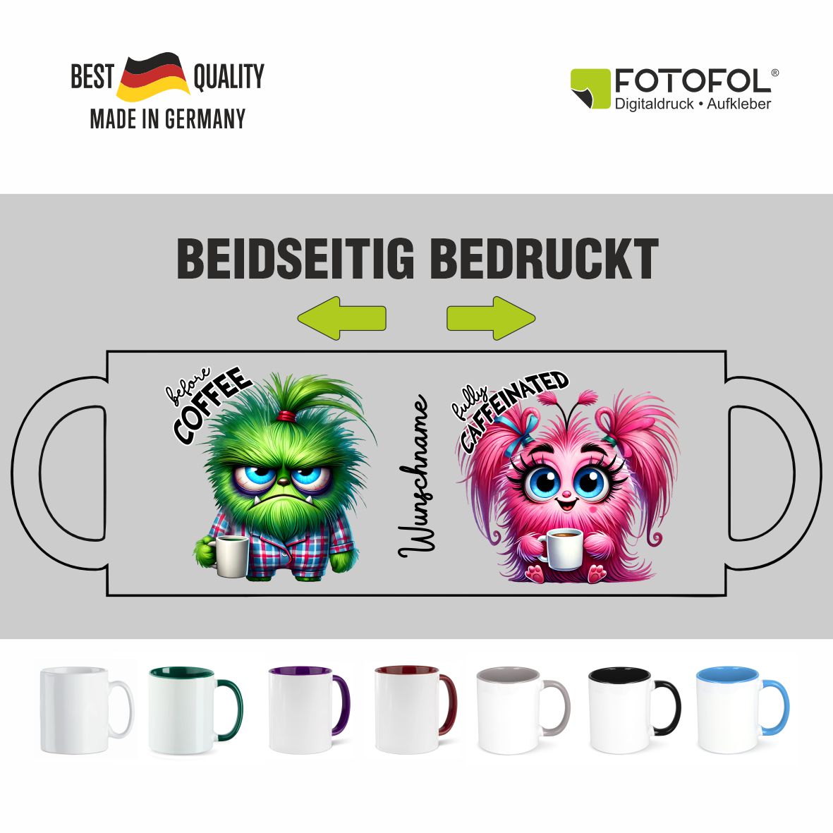 Personalisierte Kaffeetasse mit Wunschname - before Coffee - Monster - FOTOFOL