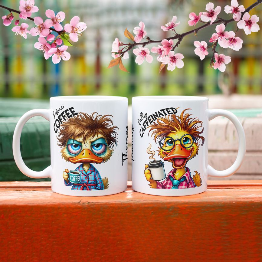 Personalisierte Kaffeetasse mit Wunschname - before Coffee - Ente - FOTOFOL