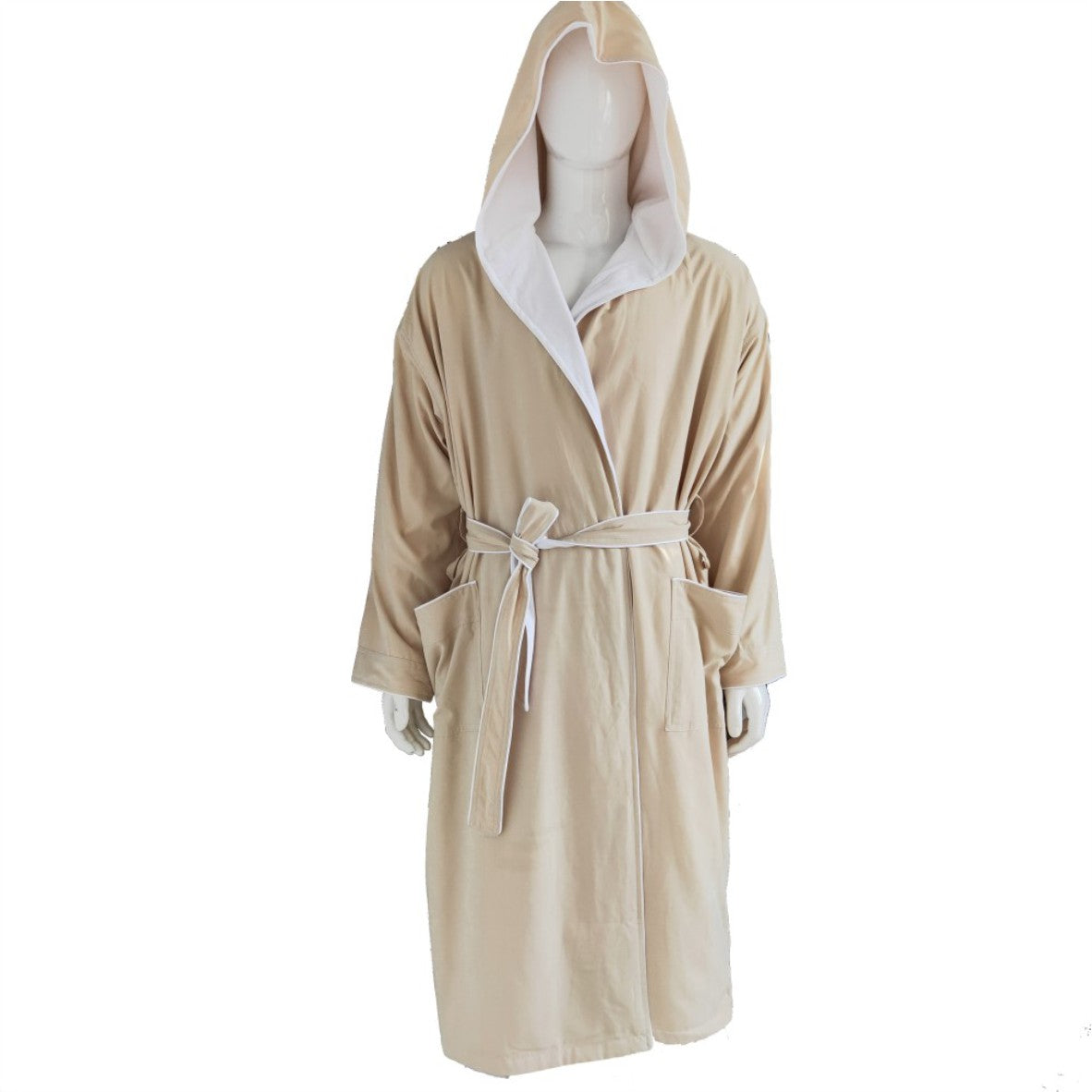 Beigefarbener Fleece-Bademantel mit Kapuze, Gürtel und Vordertaschen
