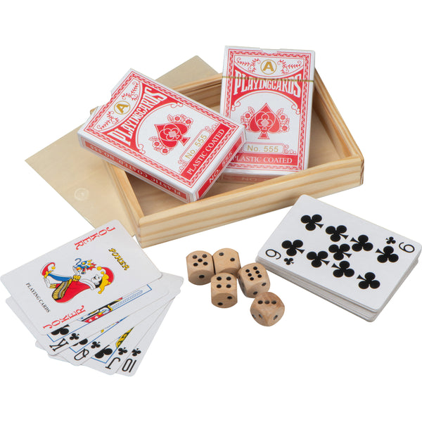 Spielkarten in Holzbox mit Würfel BRIAN