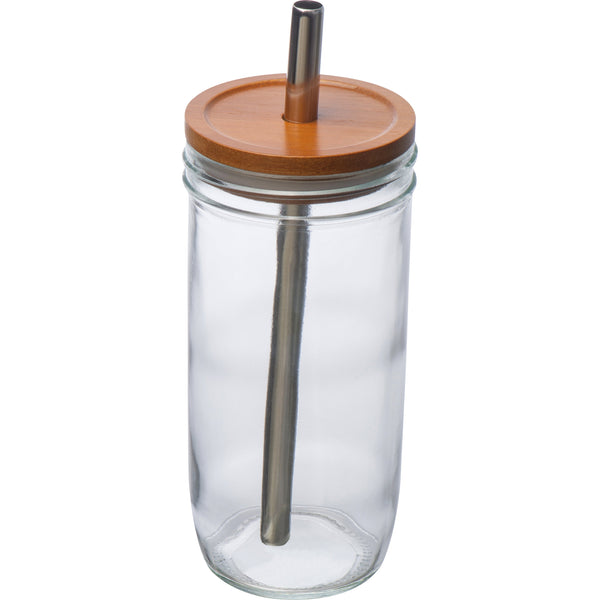 Glasbecher mit Bambusdeckel und Trinkhalm BENEDYKT