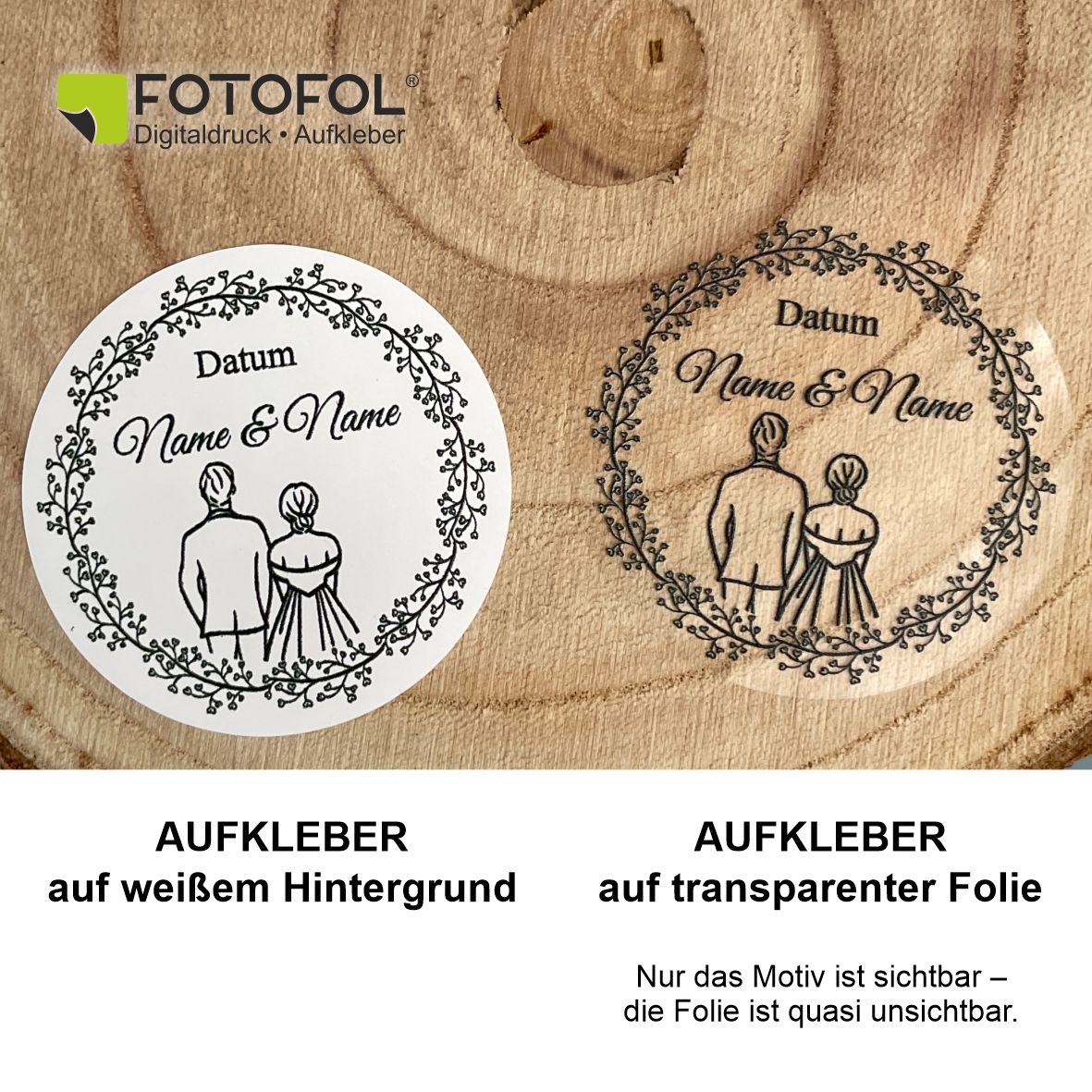 Hochzeit Aufkleber - 24 Stück Personalisierte Aufkleber mit Wunschnamen und Datum - Braut und Bräutigam - FOTOFOL