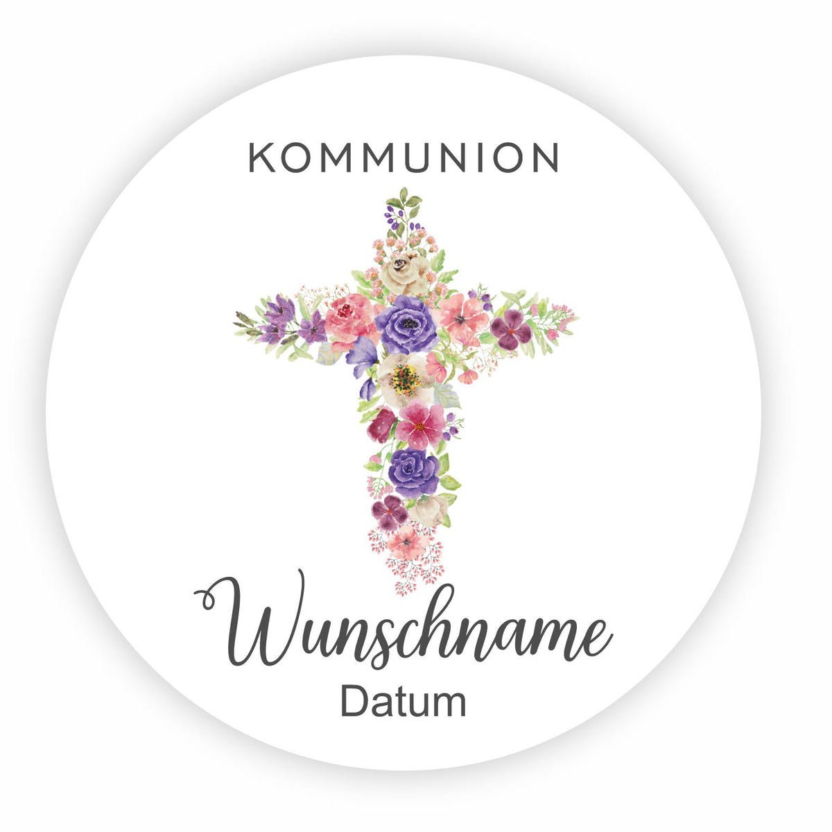 Personalisierte Aufkleber Kommunion "Kreuz Blumen" mit Namen und Datum - 24 Stück - 4,5cm - FOTOFOL