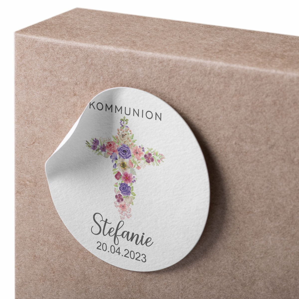 Personalisierte Aufkleber Kommunion "Kreuz Blumen" mit Namen und Datum - 24 Stück - 4,5cm - FOTOFOL