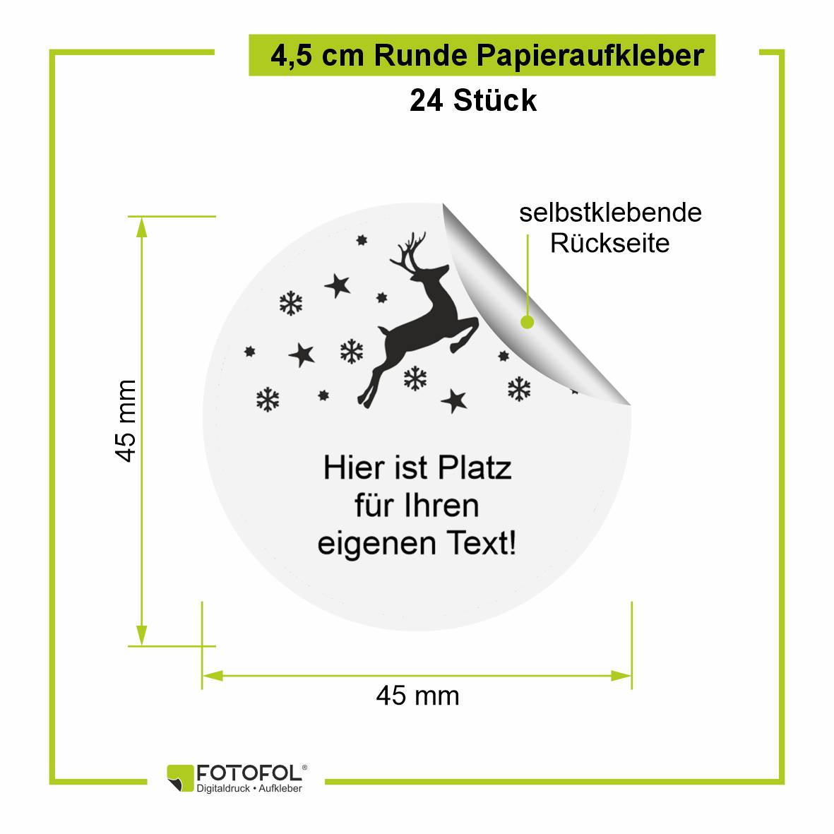 Maßgrafik: 24 runde Weihnachtsaufkleber mit Rentiermotiv, jeweils 4,5 cm Durchmesser