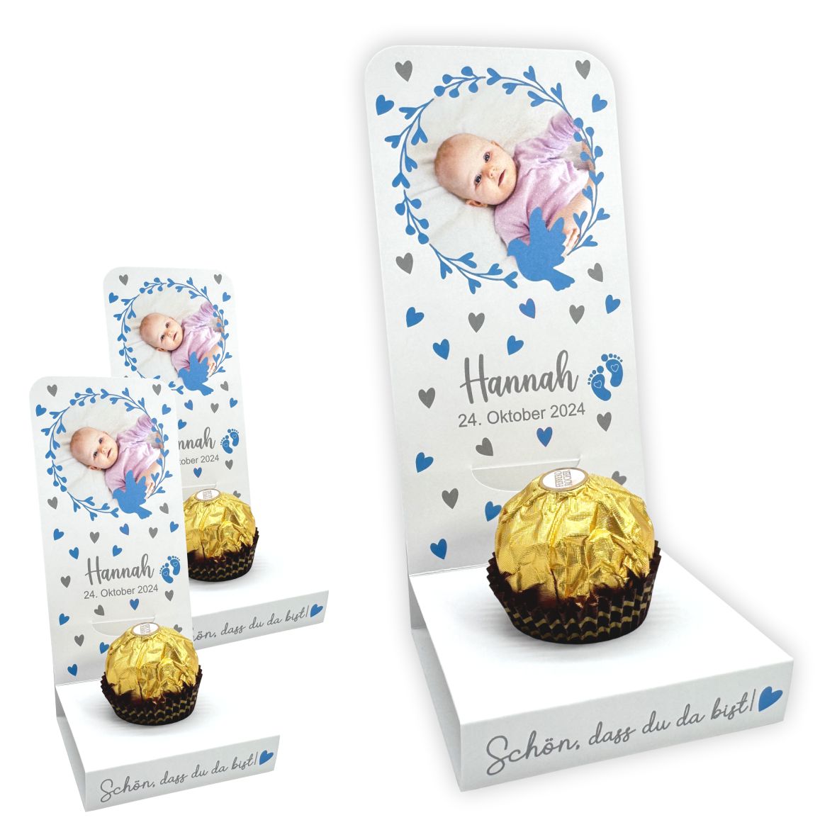 Aufsteller für Gastgeschenke personalisiert - blaue Herzen - FOTOFOL