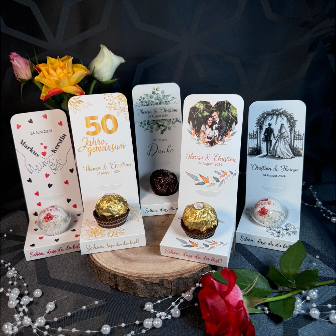 Aufsteller für Gastgeschenke personalisiert - rote Herzen - FOTOFOL
