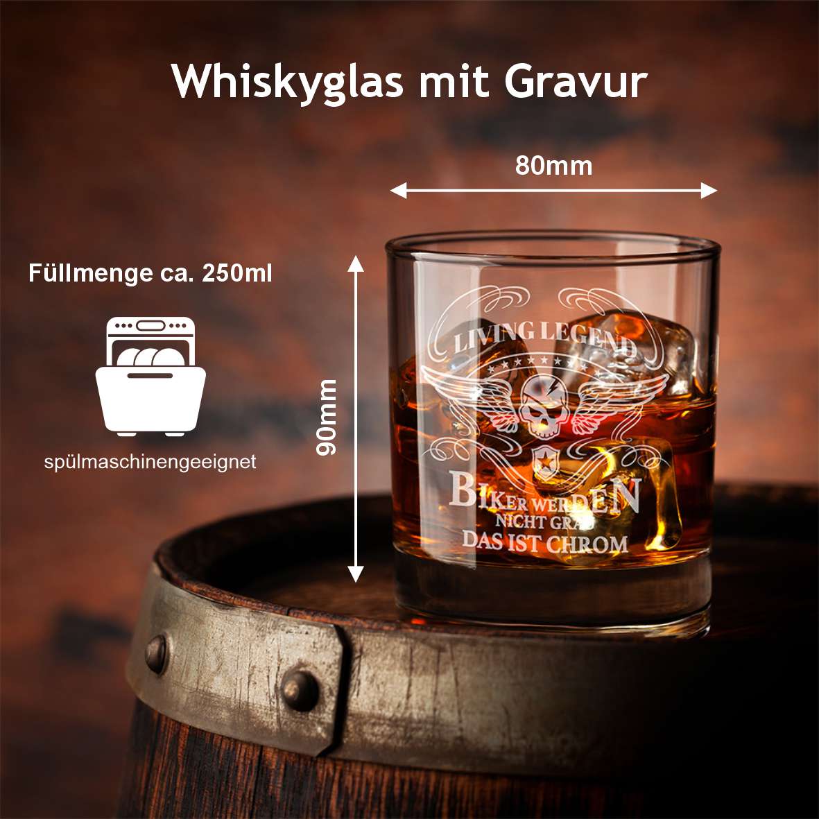 Fotofol - Whiskey Glas mit Gravur I Biker werden nicht Grau das ist Chrome - Totenkopf-Design - personalisierte Geschenke