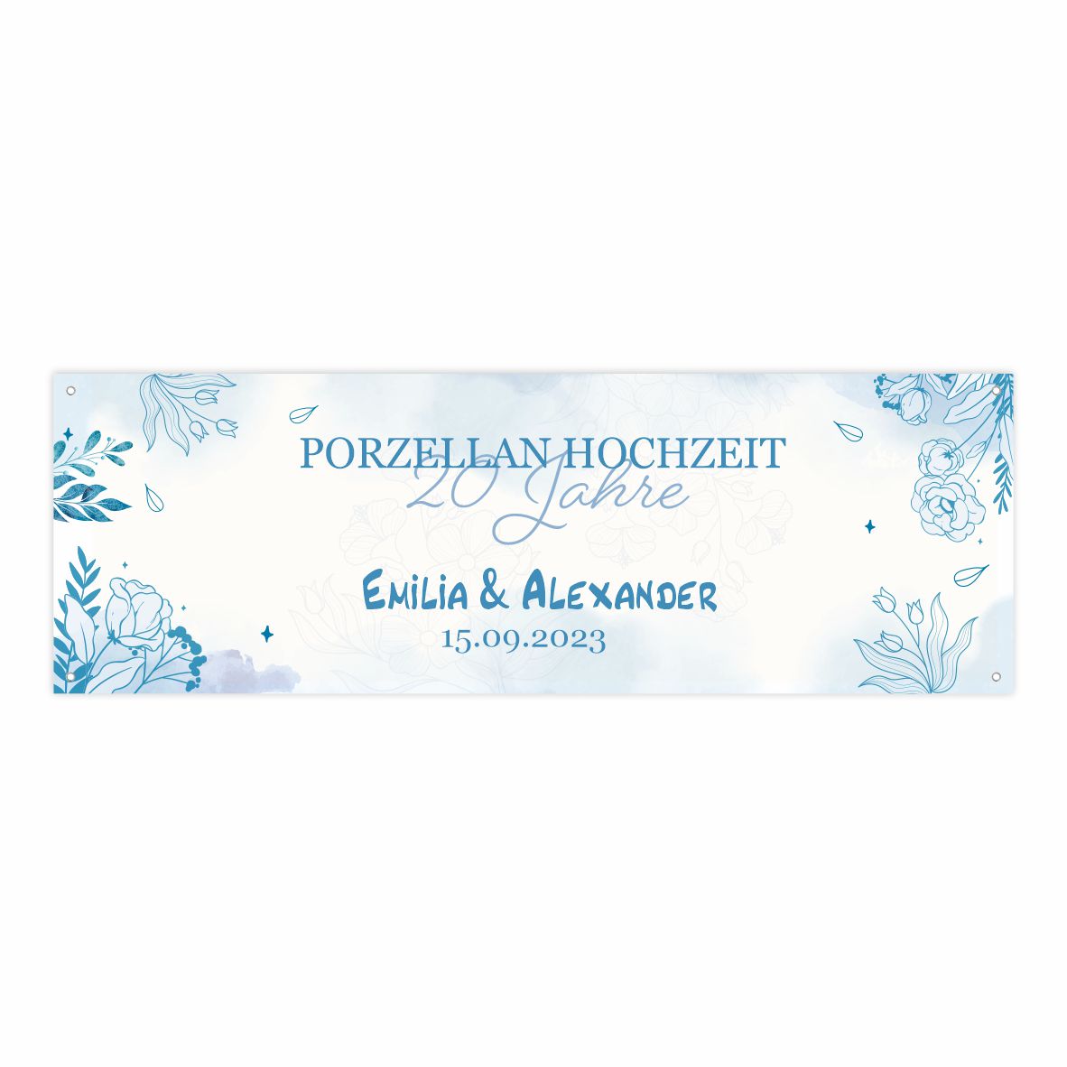 Hochzeit Banner "Blaue Blumen" Personalisierung mit Namen, Datum und Wunschtext - FOTOFOL