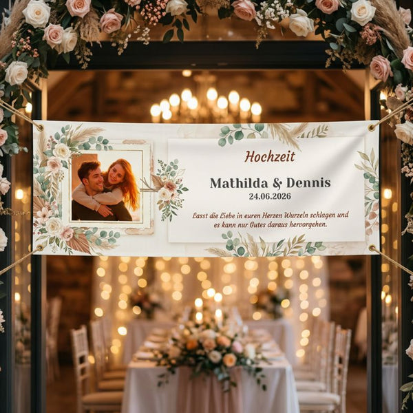 Personalisiertes Hochzeitsbanner im Boho-Stil mit Foto, Namen & Datum | Willkommen Banner zur Hochzeit