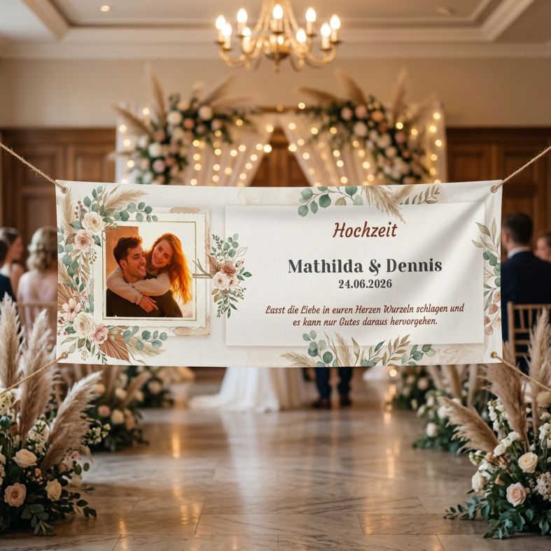 Boho-Hochzeitsbanner mit Paarfoto, Namen, Datum und Pflanzenmotiv in einem festlich geschmückten Saal