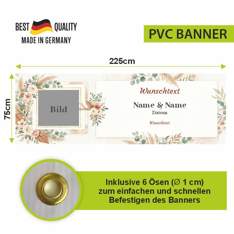 Boho-Hochzeitsbanner mit Foto und Wunschtext: 225 × 75 cm mit sechs Befestigungsösen