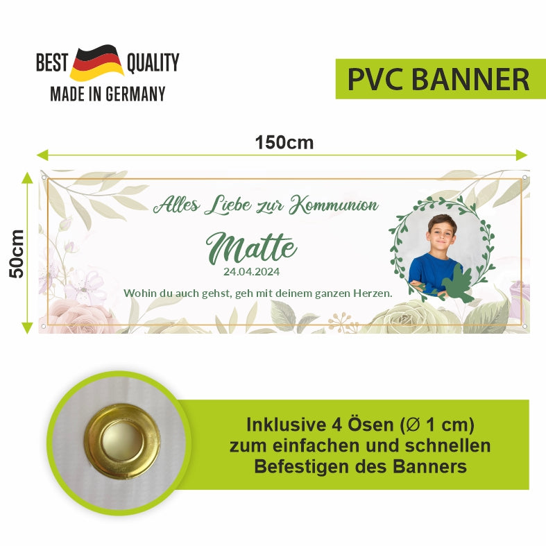 Taufe / Kommunion Banner  personalisiert mit Foto und Wunschname - Grün - FOTOFOL