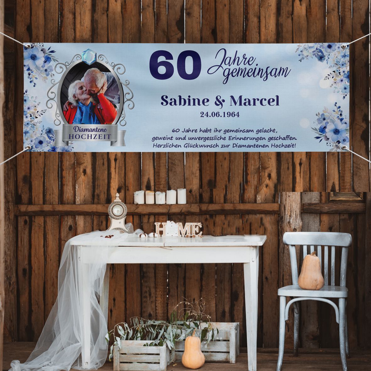 Personalisiertes Banner zur diamantenen Hochzeit mit Foto und Wunschtext - 60 Jahre gemeinsam - FOTOFOL