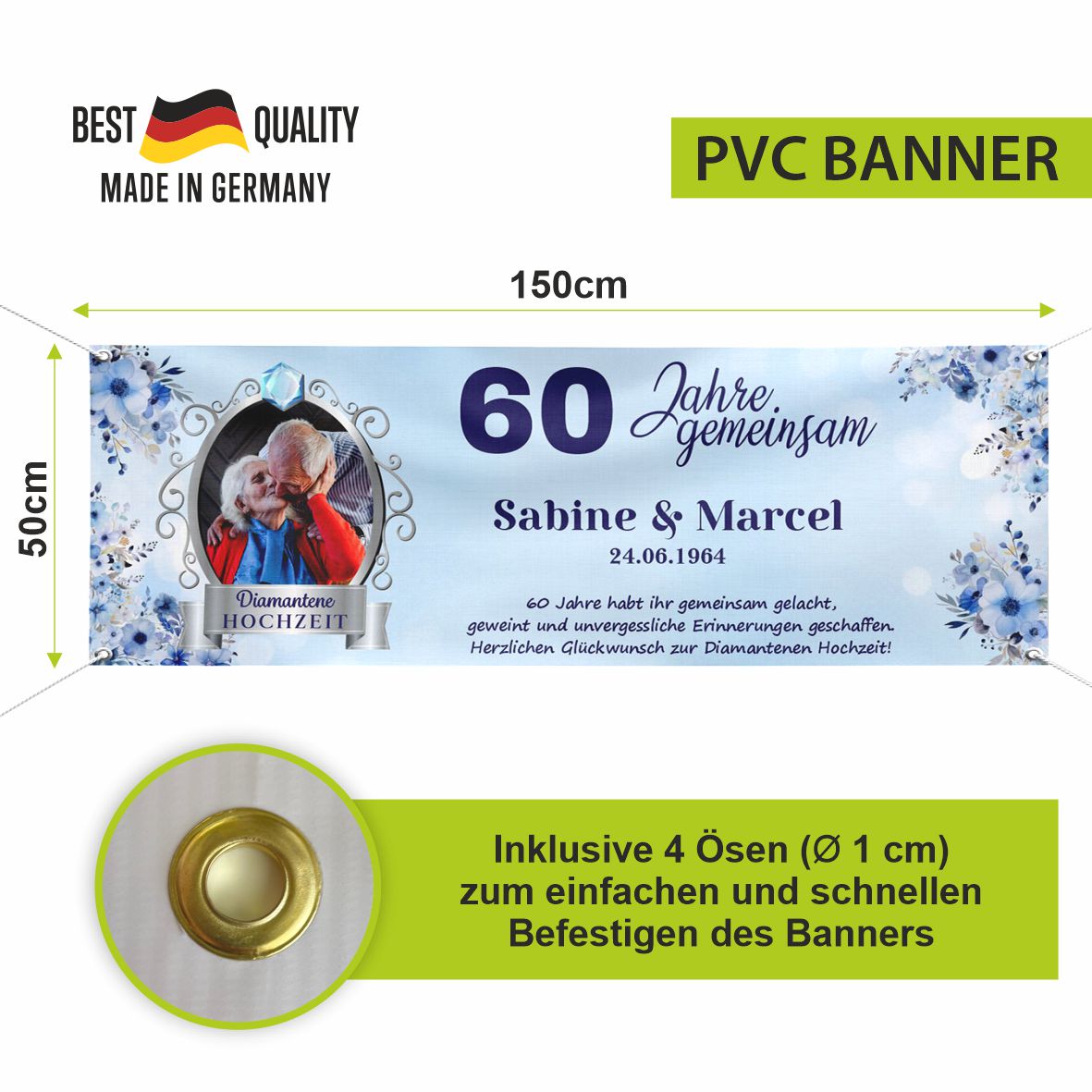 Personalisiertes Banner zur diamantenen Hochzeit mit Foto und Wunschtext - 60 Jahre gemeinsam - FOTOFOL