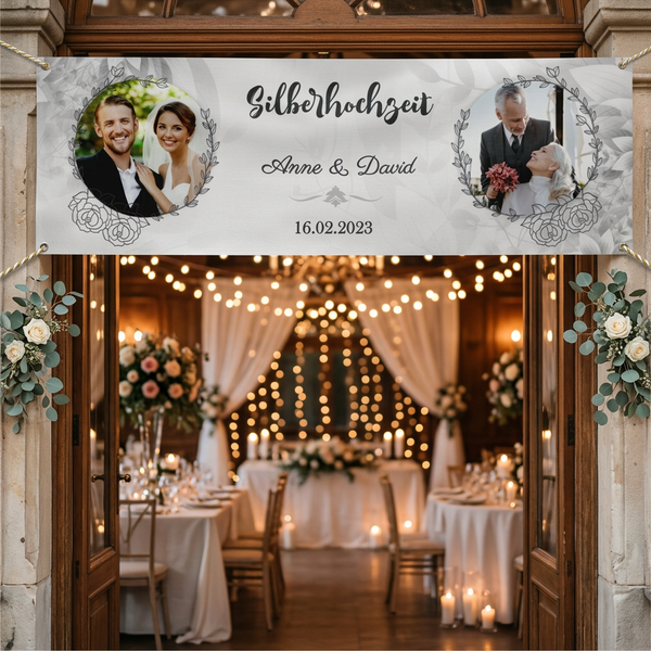 Personalisiertes Banner zur Hochzeit mit Fotos, Namen, Datum und Wunschtext