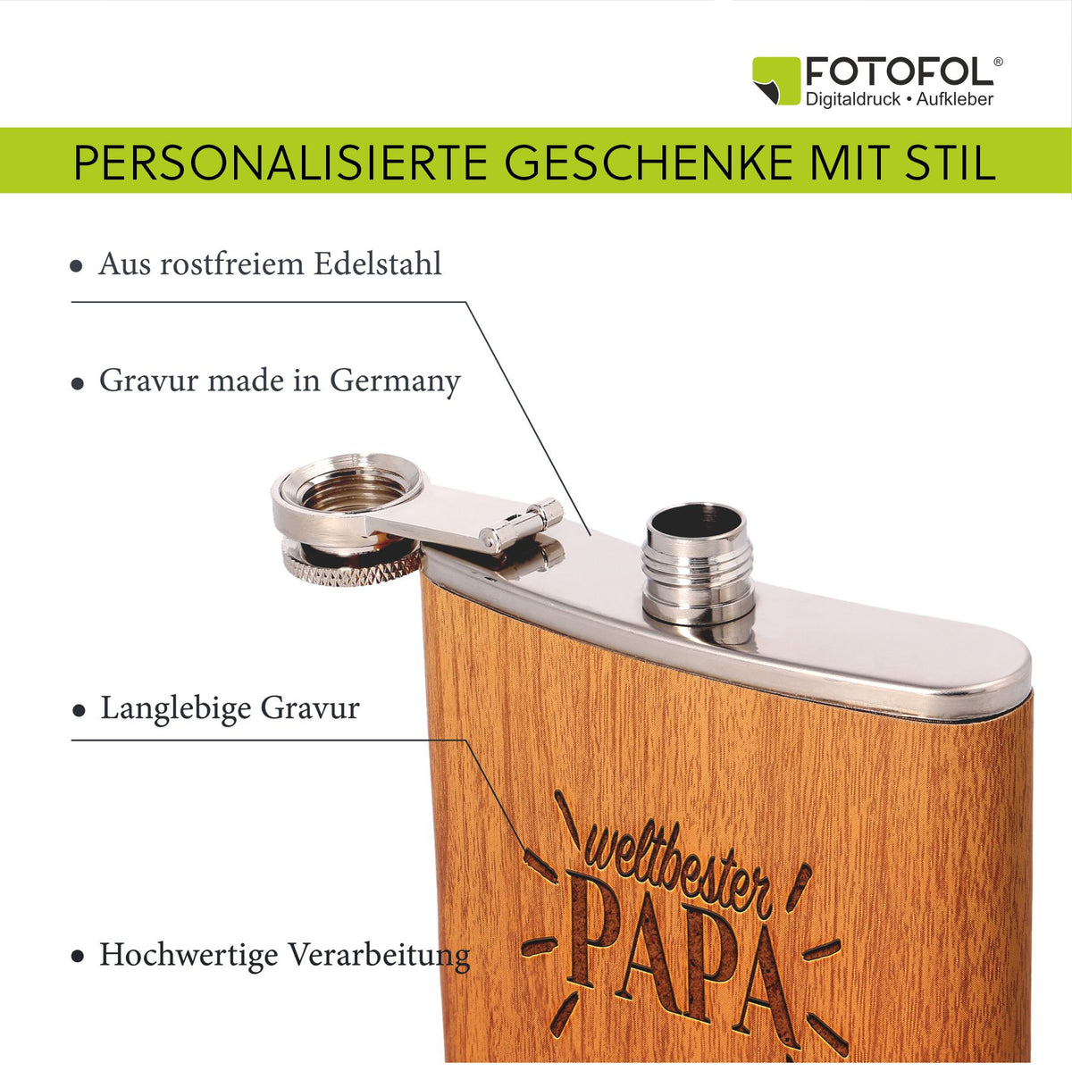 Personalisierter Flachmann mit Gravur - Wunschtext - FOTOFOL