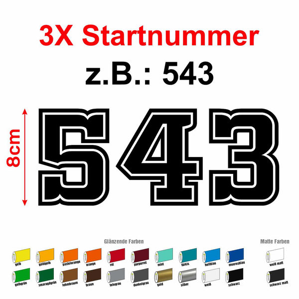 Aufkleber 3x STARTNUMMER - 8cm hoch - Wunschnummer - Motocross, Auto, Enduro, Motorrad