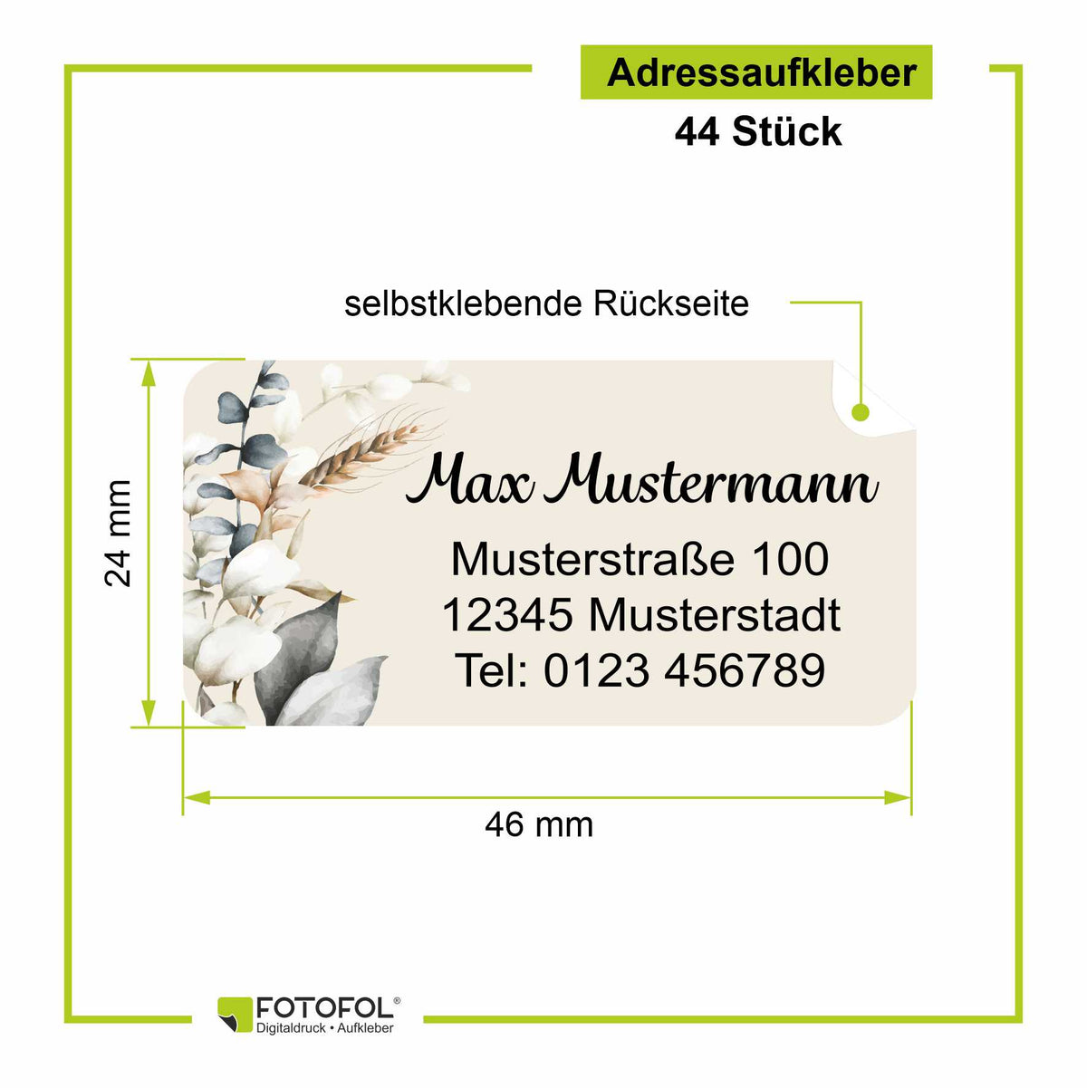 Größenübersicht für 44 personalisierte Adressaufkleber mit botanischem Motiv