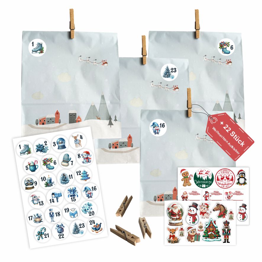 Adventskalender Set L – 24 Geschenktüten 27 x 33 x 10  cm mit Zahlen & Klammern - FOTOFOL