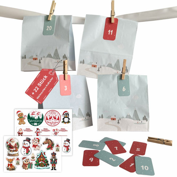 Adventskalender Tüten zum Befüllen – 24 Geschenktüten mit Zahlen & Klammern – Set M, 18 x 23 x 9 cm
