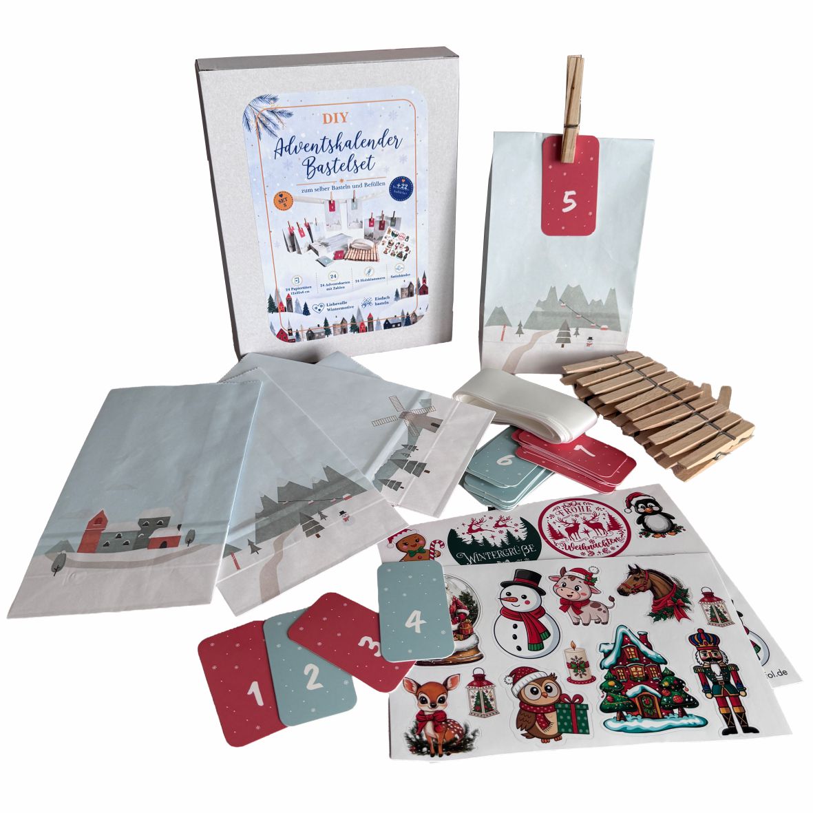 Adventskalender Tüten zum Befüllen – 24 Geschenktüten mit Zahlen & Klammern – Set S, 12 x 22 x 6 cm