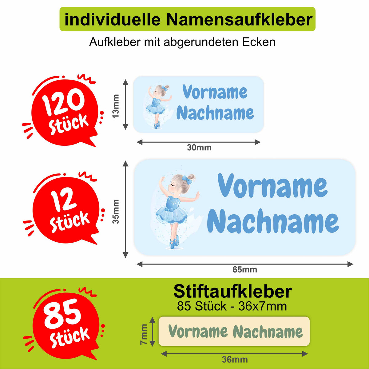 Namensaufkleber Set - personalisiert mit Wunschname für Stifte und alle Schulsachen - Ballerinen - FOTOFOL