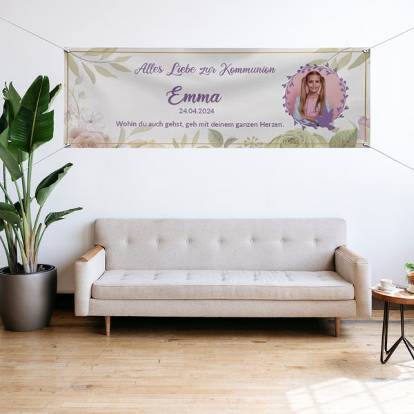 Taufe / Kommunion Banner  personalisiert mit Foto und Wunschname - Lila