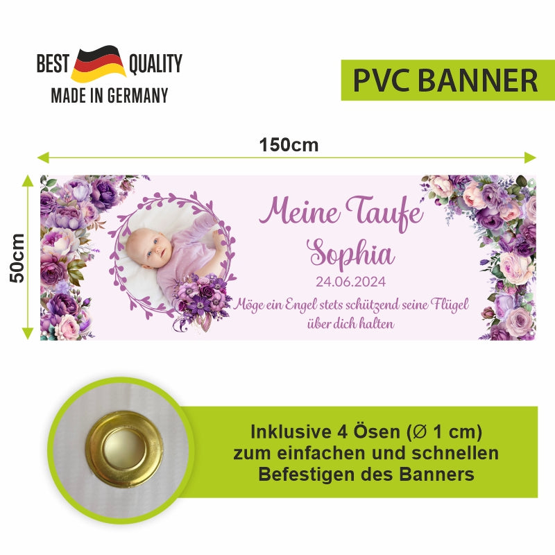 Taufe / Kommunion Banner  personalisiert mit Foto und Wunschname - Lila Blumen - FOTOFOL
