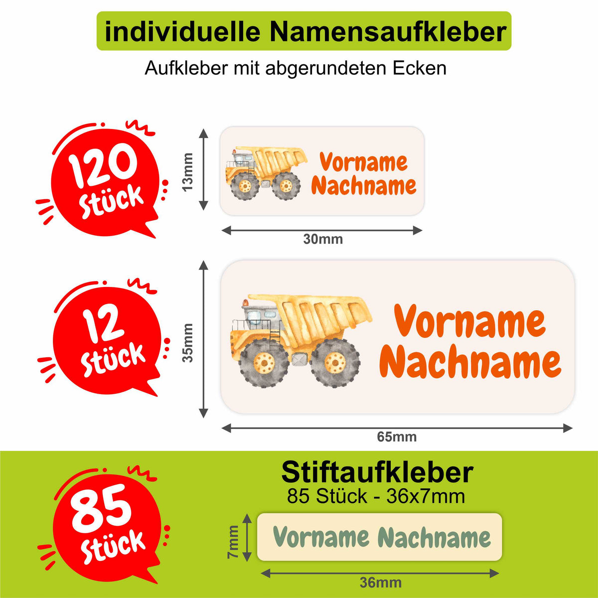 Namensaufkleber Set - personalisiert mit Wunschname für Stifte und alle Schulsachen - Baumaschinen - FOTOFOL