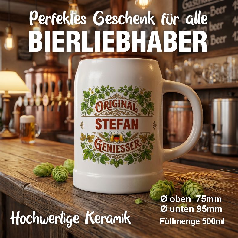 Bierkrug „Original Genießer“ mit Name Stefan sowie Angaben zu Maßen und Füllmenge