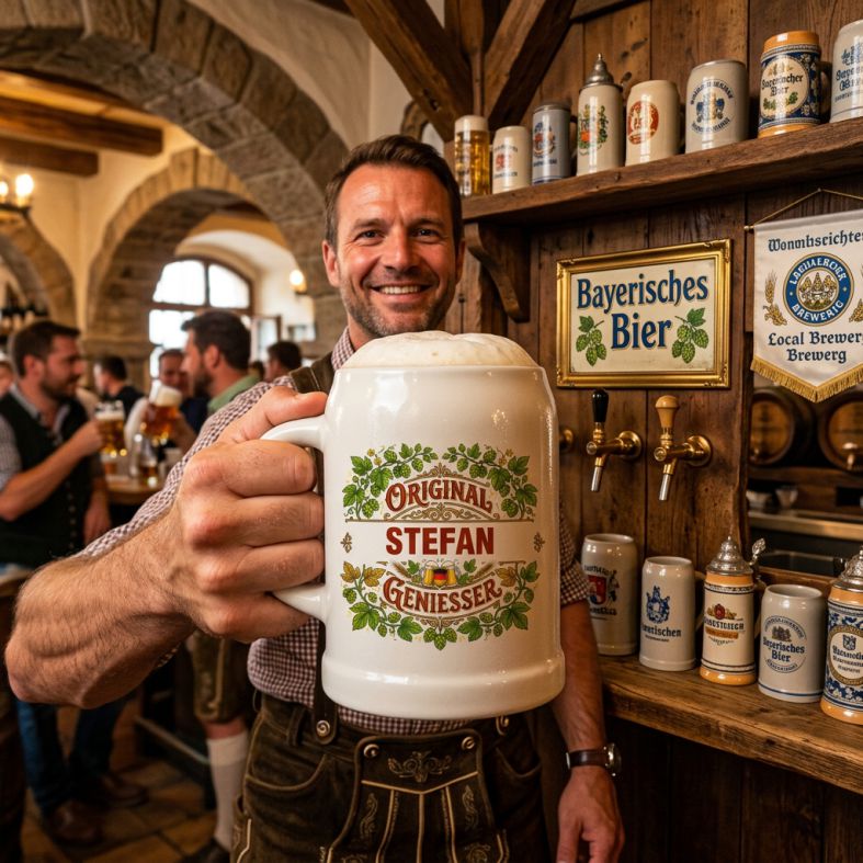 Mann hält einen gefüllten Bierkrug „Original Genießer“ mit Name Stefan in einer Gaststube