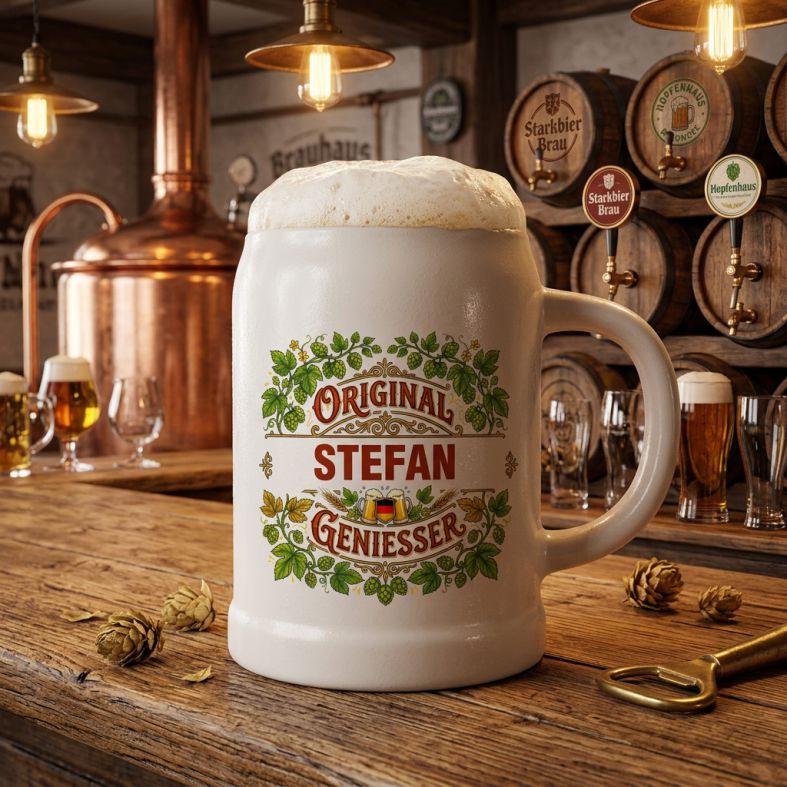 Gefüllter Bierkrug „Original Genießer“ mit Name Stefan neben Hopfen und Flaschenöffner