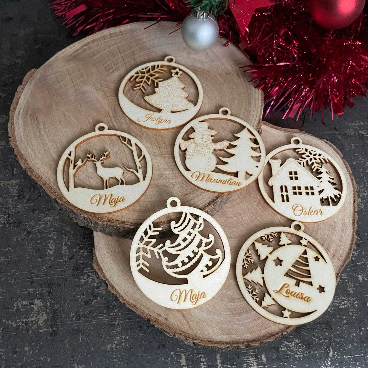 6er Set  Weihnachten Kugel Anhänger aus natürlichem Birkensperrholz mit Wunschnamen - FOTOFOL