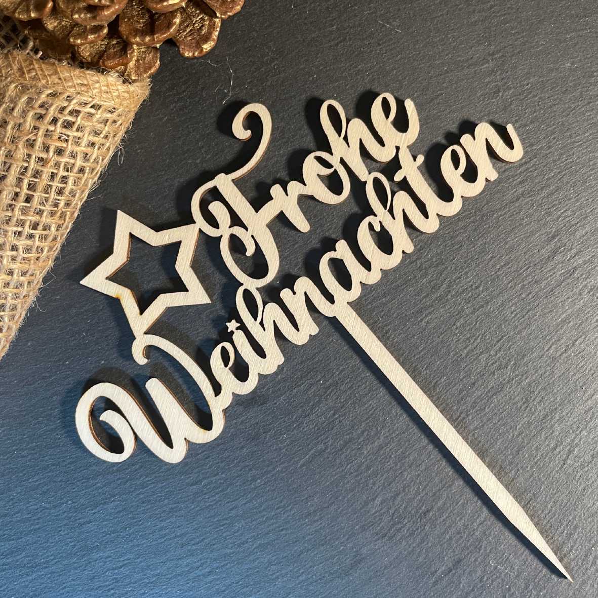 CAKE TOPPER Frohe Weihnachten Stern aus Holz - Tortendeko & Kuchendeko - Torten-stecker - FOTOFOL