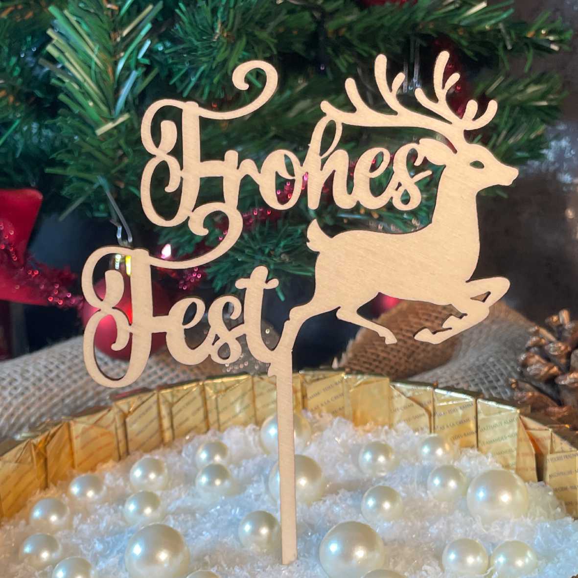 CAKE TOPPER Frohes Fest aus Holz - Tortendeko & Kuchendeko - Weihnachtsdeko - Torten-stecker - FOTOFOL