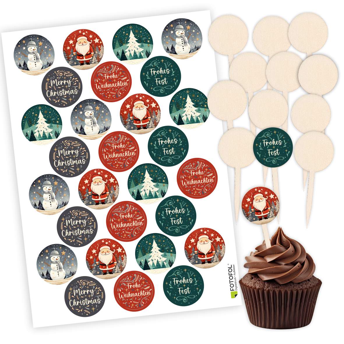 FOTOFOL - 12er Set Holz-Cupcake-Stecker mit 28 Aufklebern für festliche Muffins und Donuts.