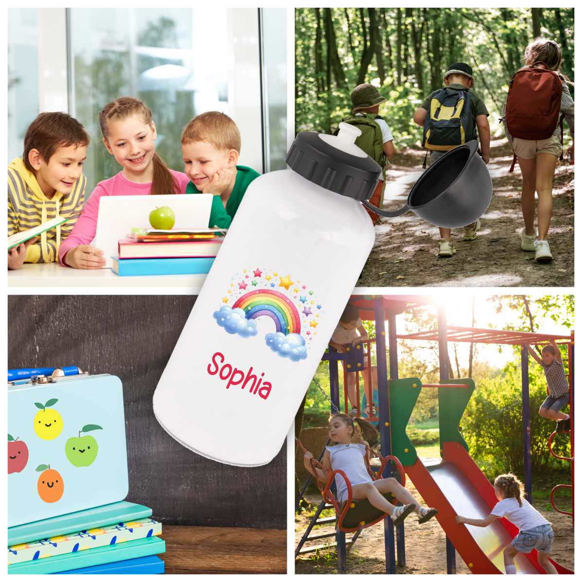 Trinkflasche für Kinder personalisiert mit Namen - Regenbogen - FOTOFOL