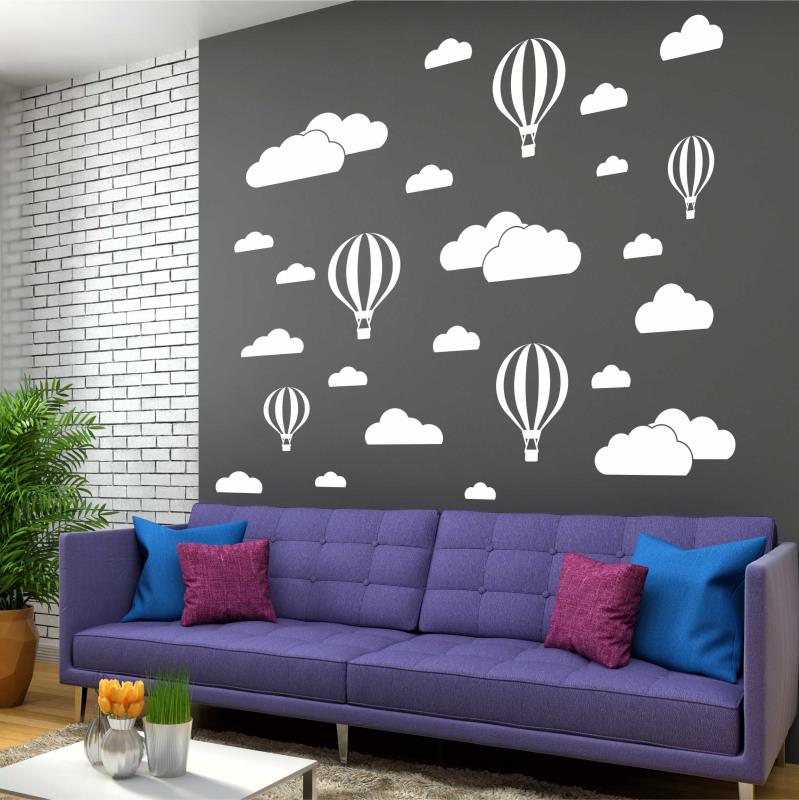 Wandtattoo Wohnzimmer Heißluftballons mit Wolken - FOTOFOL