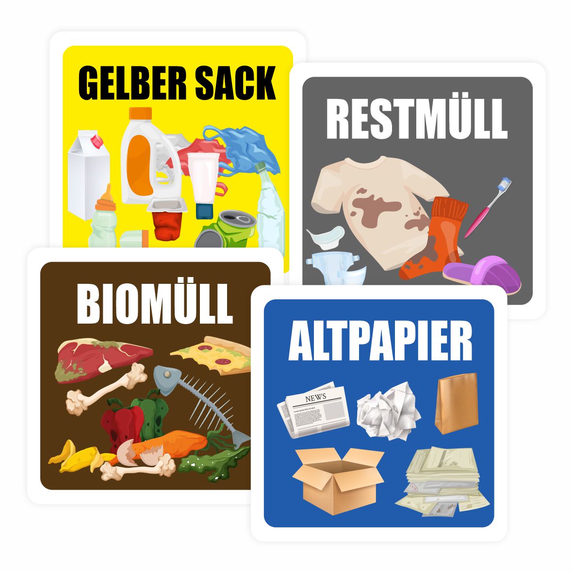 Aufkleber für Abfall- und Mülltrennung Aufkleber 20x20cm - UV-Beständig und Wetterfest - Restmüll, Gelber Sack, Biomüll, Altpapier - FOTOFOL